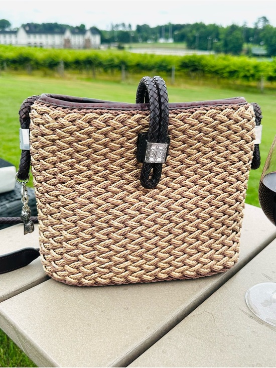 Brighton Handbags - Brighton Woven Straw / Jute Crossbody Bag with Dark Brown Genuine Leather